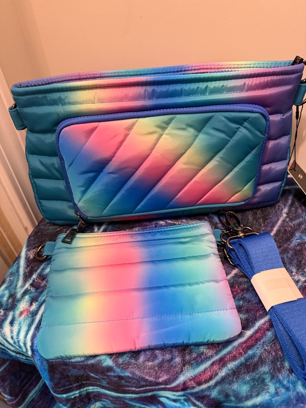 THINK ROYLN Quilted Rainbow Ombre Crossbody Bag - Blue, Pink, Purple